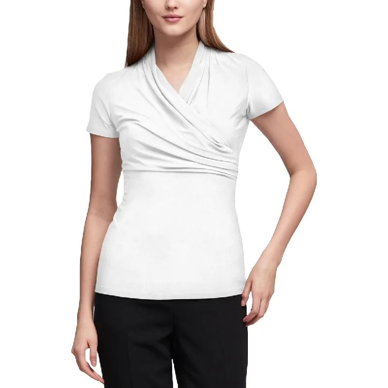 Womens Faux Wrap Ruched Blouse Semi-Sheer Blouse