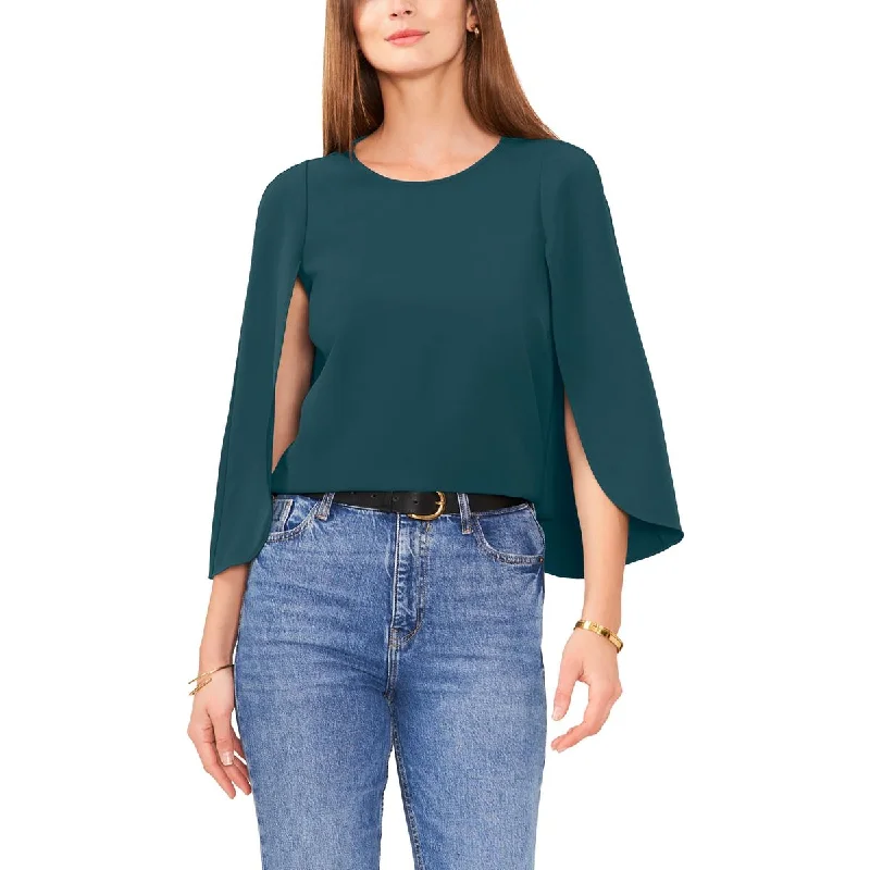 Womens Cape Sleeve Crewneck Blouse Casual Button Blouse