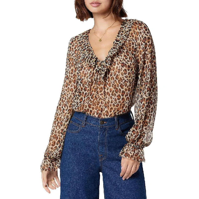 Vernon Womens Silk Leopard Print Blouse Asymmetric Hem Blouse