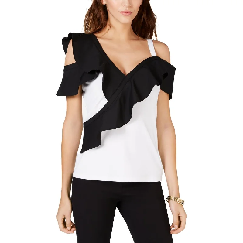 Petites Womens Ruffled Cold Shoulder Blouse Slim Fit Blouse