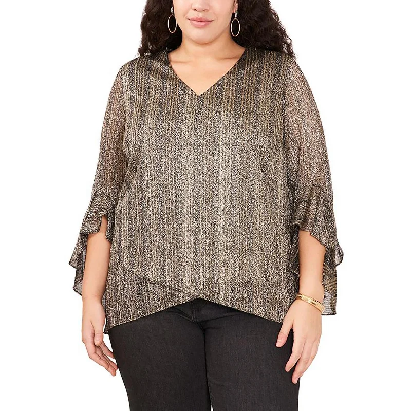 Womens Metallic Ruffled Blouse Gathered Detail Blouse