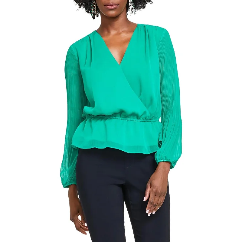 Petites Womens Pleated Padded Shoulder Blouse Casual Stripe Blouse