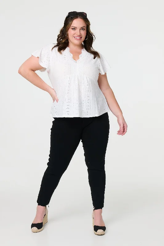 Broderie Anglaise Lace Trim Blouse Elegant Silk Blouse
