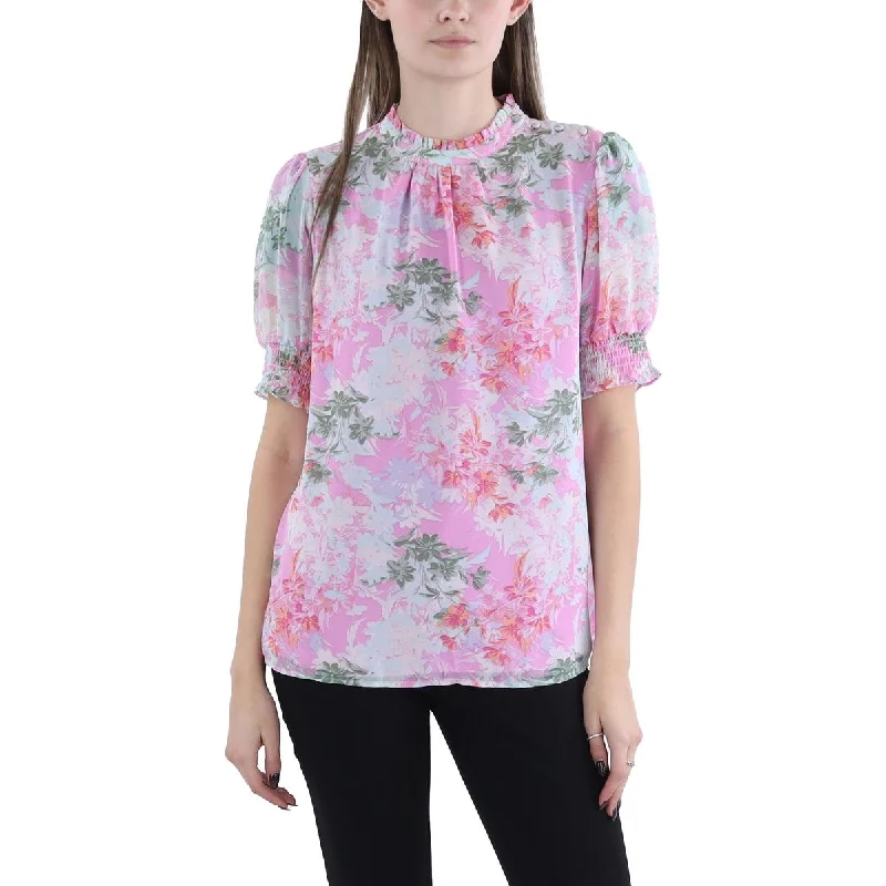 Womens Floral Print Puff Sleeve Blouse Sweetheart Neck Blouse