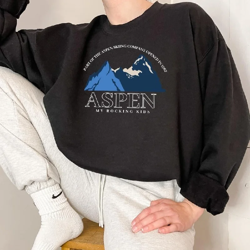 Aspen Ski Print Womens Black Sweatshirt Hoodie with Drop Shoulder Relaxed Streetwear Aspen Ski Print Womens Black Sweatshirt Hoodie with Drop Shoulder Relaxed Streetwear
