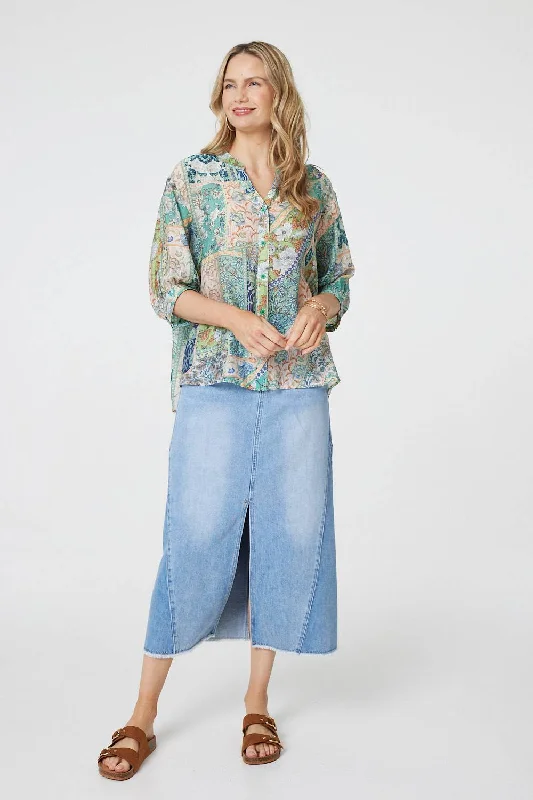 Paisley 3/4 Collarless Blouse Polished Work Blouse