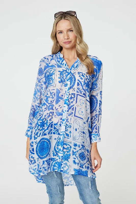 Mosaic Print Longline Blouse Dress Relaxed Fit Blouse