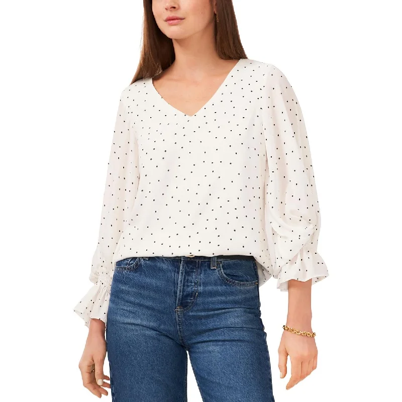 Womens V-Neck Polka Dot Blouse Elegant Embroidery Blouse