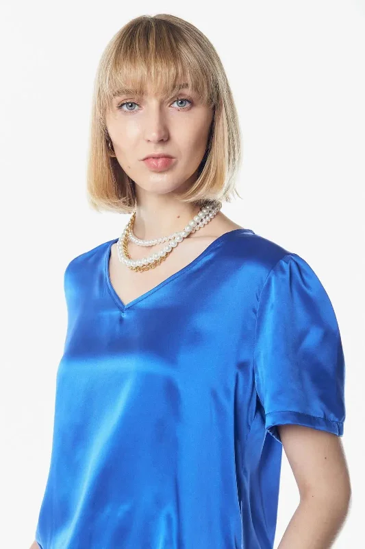 Shining V-Neck Blouse in Blue Sheer Sleeve Blouse