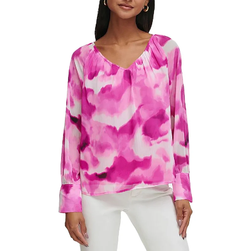 Womens Chiffon Printed Blouse Feminine Ruffle Blouse