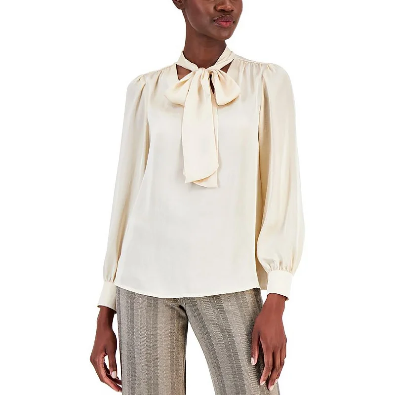 Womens Satin Tie Neck Blouse Soft Pastel Blouse