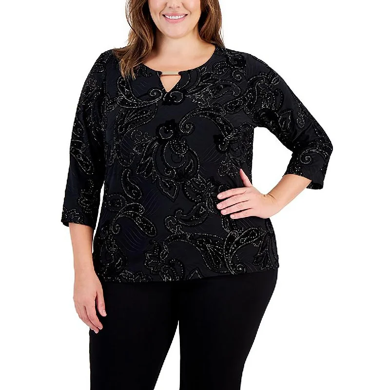 Plus Womens Keyhole Neck Office Wear Blouse Elegant Peplum Blouse