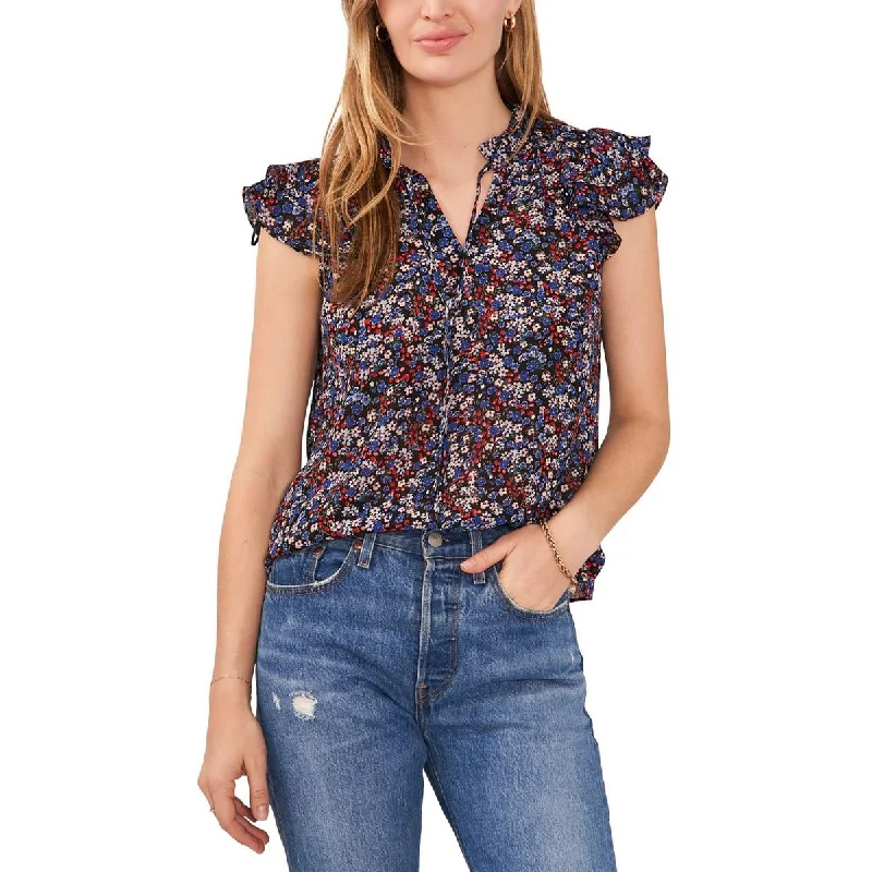 Petites Womens Floral Flutter Sleeve Blouse Off-Shoulder Wrap Blouse