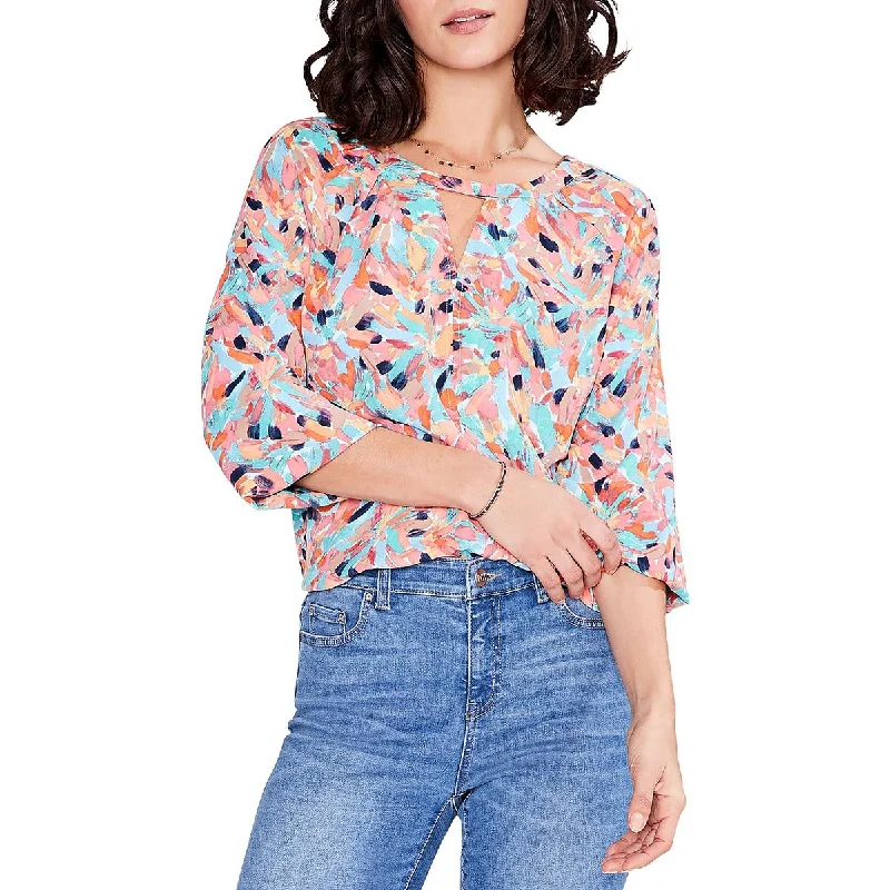 Womens Printed 3/4 Sleeve Blouse Pleated Collar Blouse