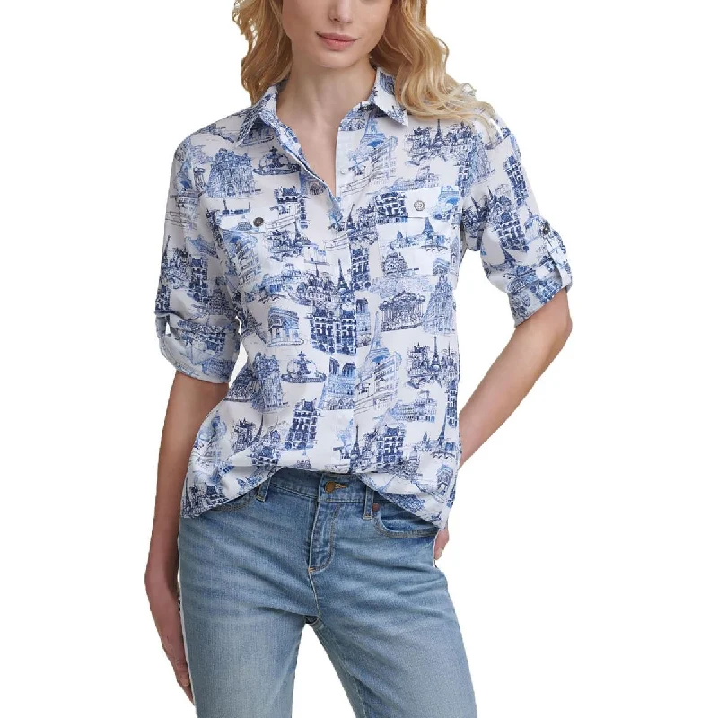 Womens Collared Blouse Button-Down Top Textured Cotton Blouse