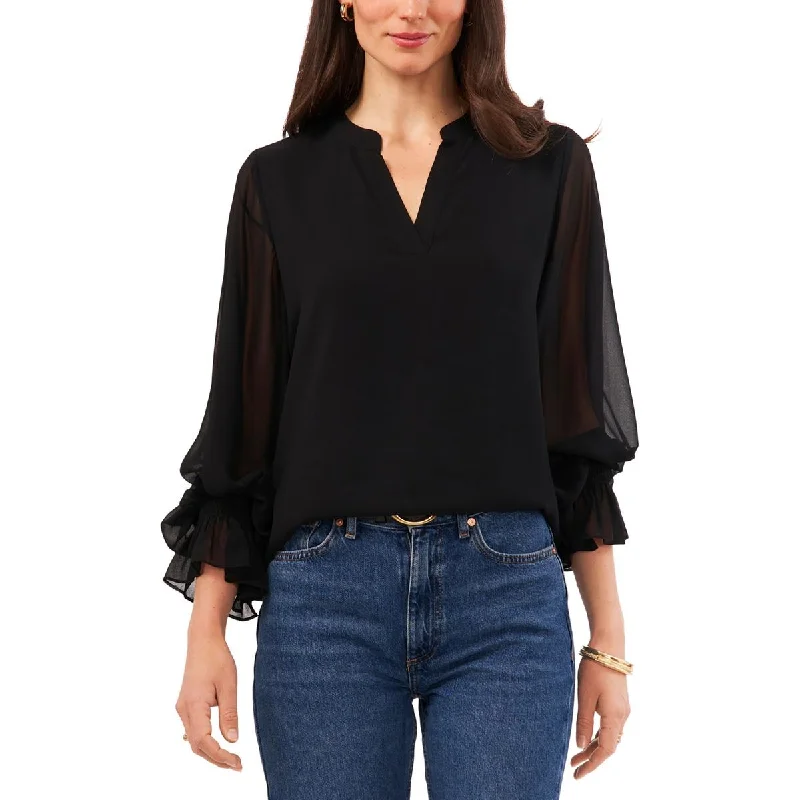 Womens Solid V-Neck Blouse Loose Fit Blouse