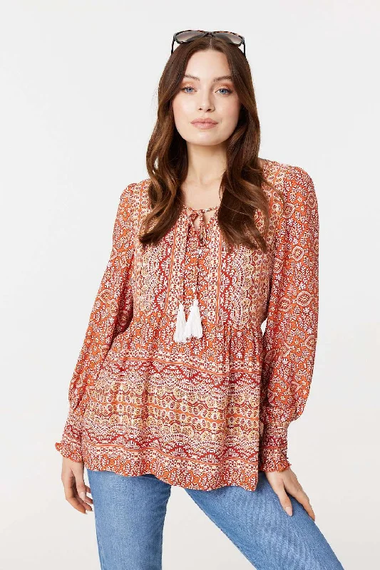 Printed Tassel Drawstring Blouse Chic Wrap Blouse