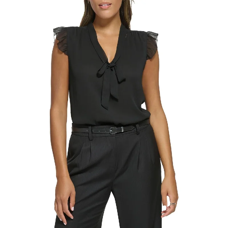 Womens Sheer Ruffled Cap Sleeve Blouse Chic Square Blouse