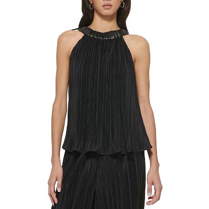 Womens Faux Leather Pleated Blouse Backless Summer Blouse