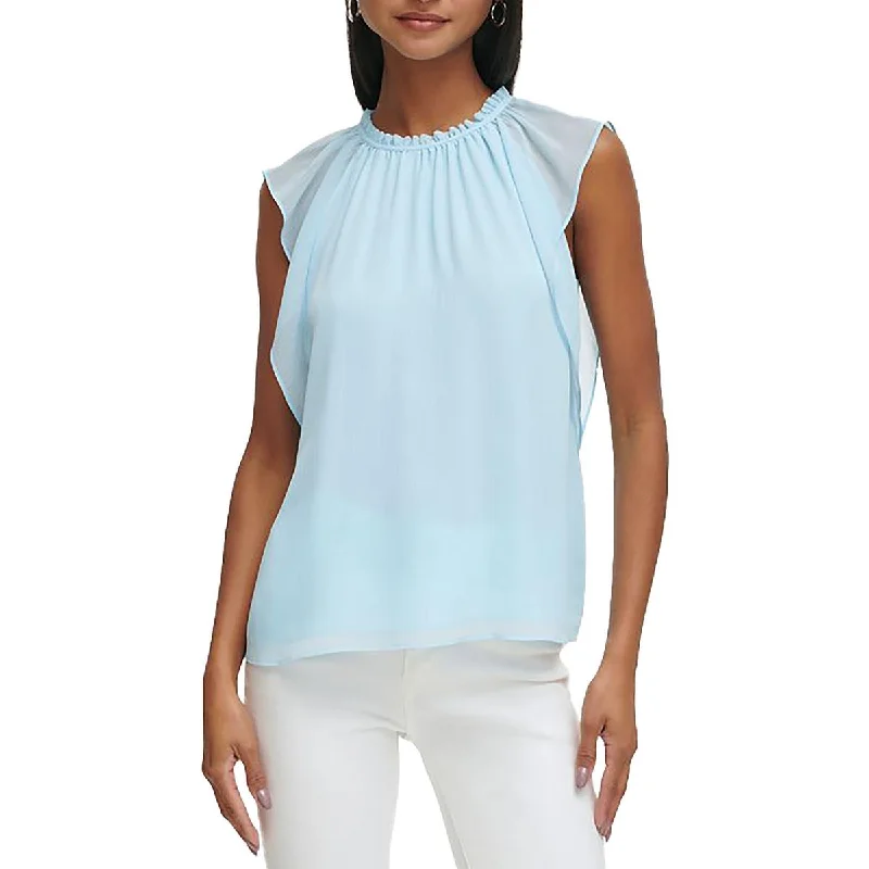 Womens Flutter Sleeve Ruffled Blouse Floral Chiffon Blouse