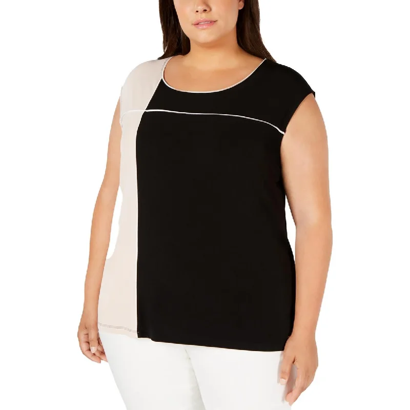 Plus Womens Colorblock Sleeveless Blouse Chic Off-Shoulder Blouse