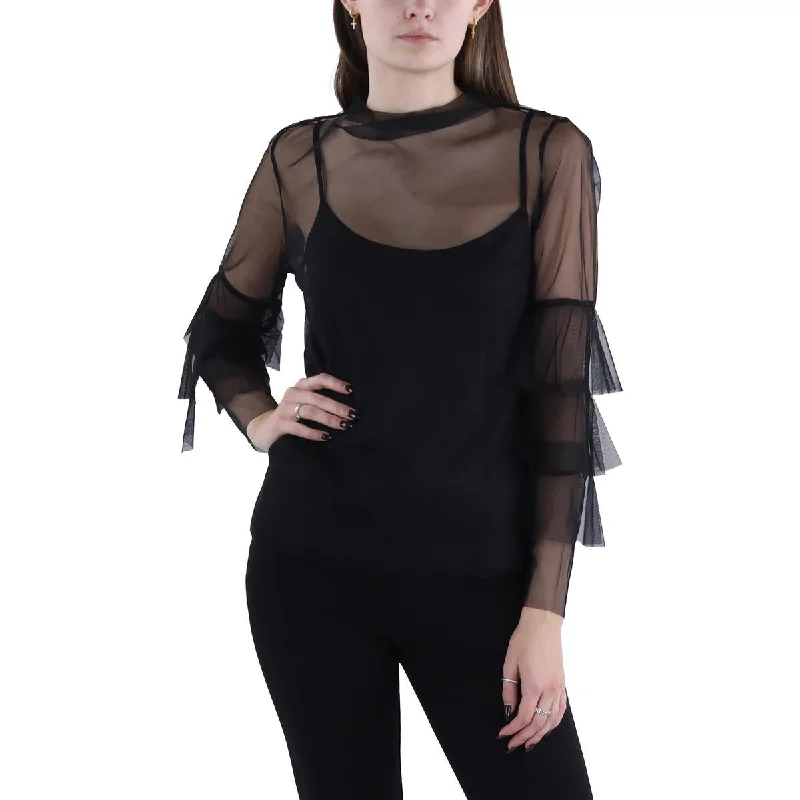 Womens Mesh Mock Neck Blouse Casual Stripe Blouse