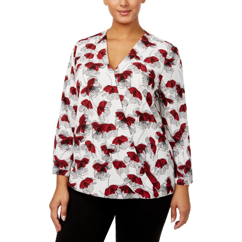Plus Womens Floral Print Surplice Blouse Oversized Silk Blouse