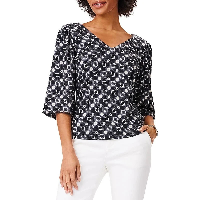 Womens Knit 3/4 Sleeves Blouse Collared Satin Blouse