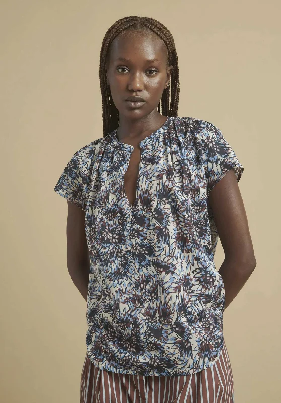 Blouse Tolika 9302 1-Bleu-Prune Mandarin Collar Blouse