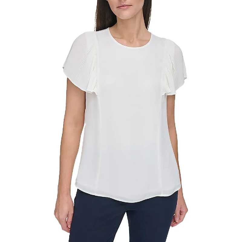 Womens Flutter Sleeve Crewneck Blouse Smart Business Blouse