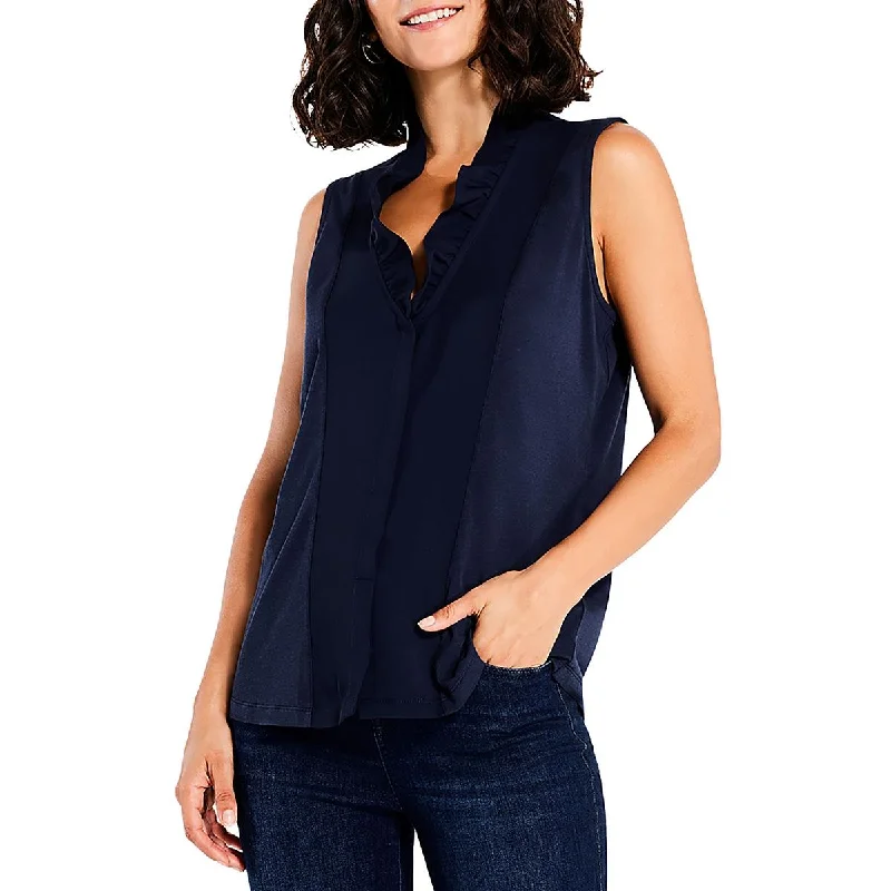 Petites Womens Cotton Blend V-Neck Blouse Elegant Lace Blouse