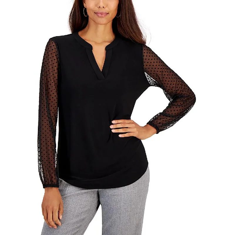 Petites Womens Flocked Mesh Sleeve Blouse Delicate Pleat Blouse