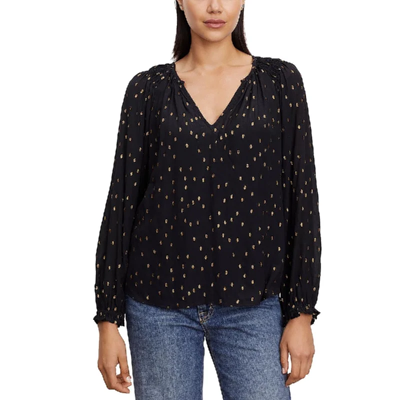 Krista Womens Metallic Split Neck Blouse Embroidered Floral Blouse