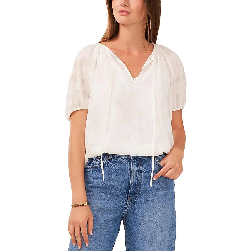 Womens Tie Neck Burnout Blouse Floral Chiffon Blouse