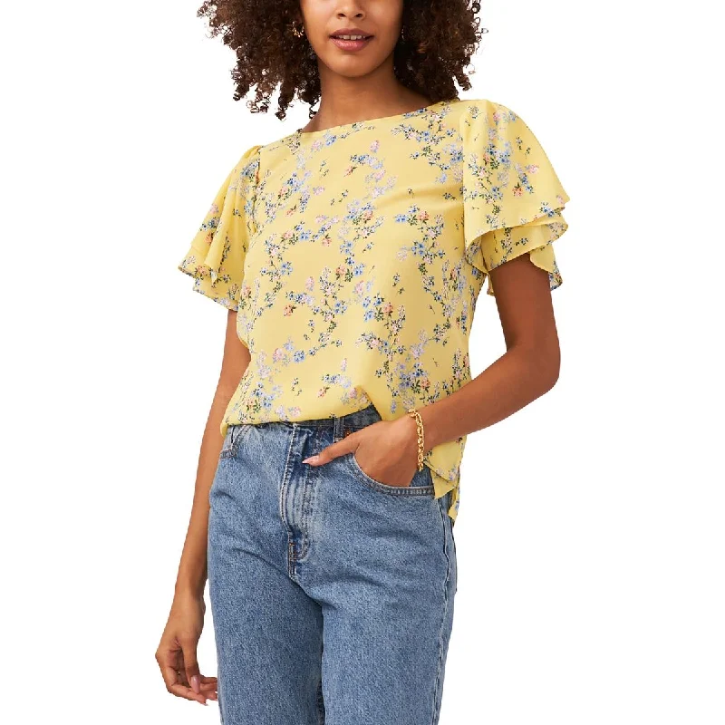Womens Floral Print Flutter Sleeve Blouse Stretchy Fitted Blouse