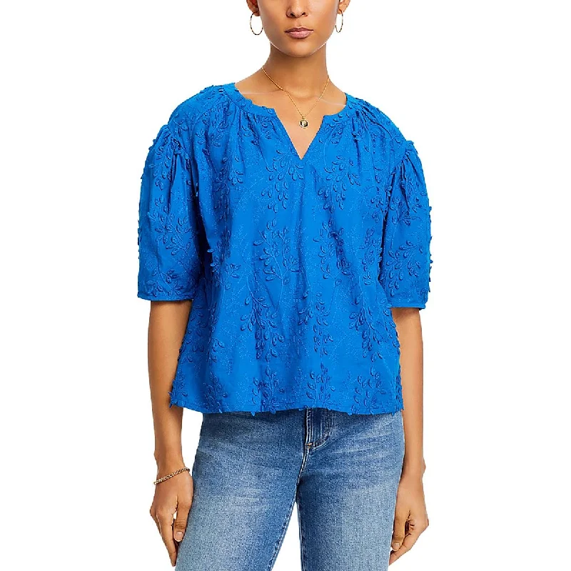 Womens Embroidered Split Neck Blouse Soft Satin Blouse