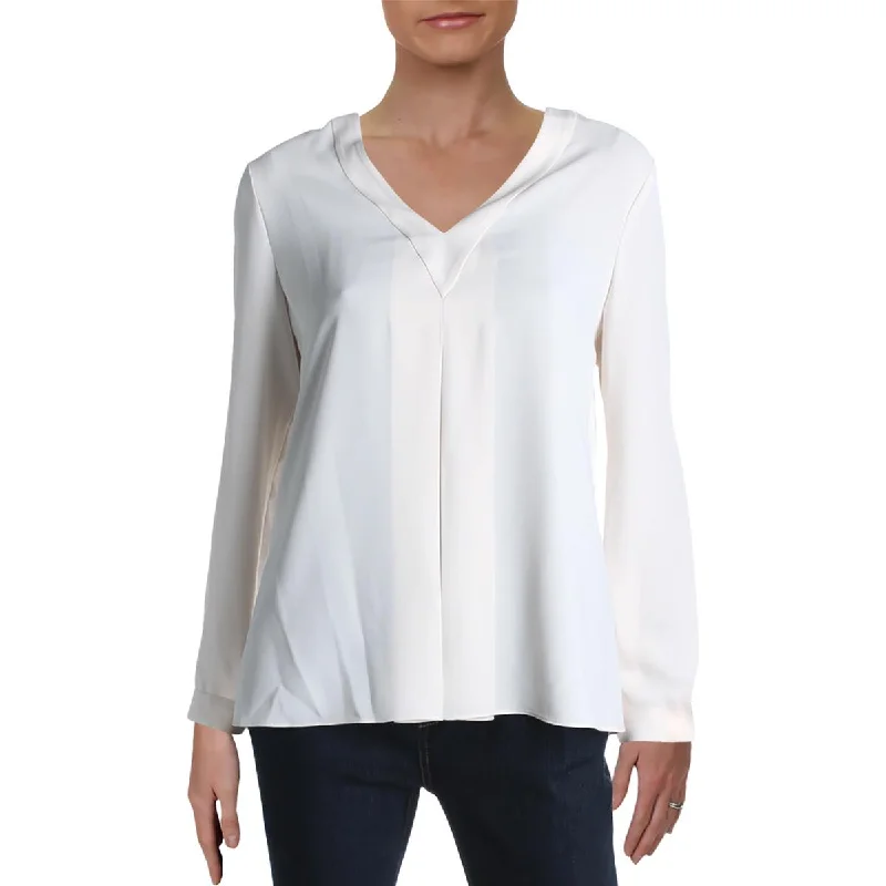 Womens Box Pleat Long Sleeve Blouse Double-Layered Blouse