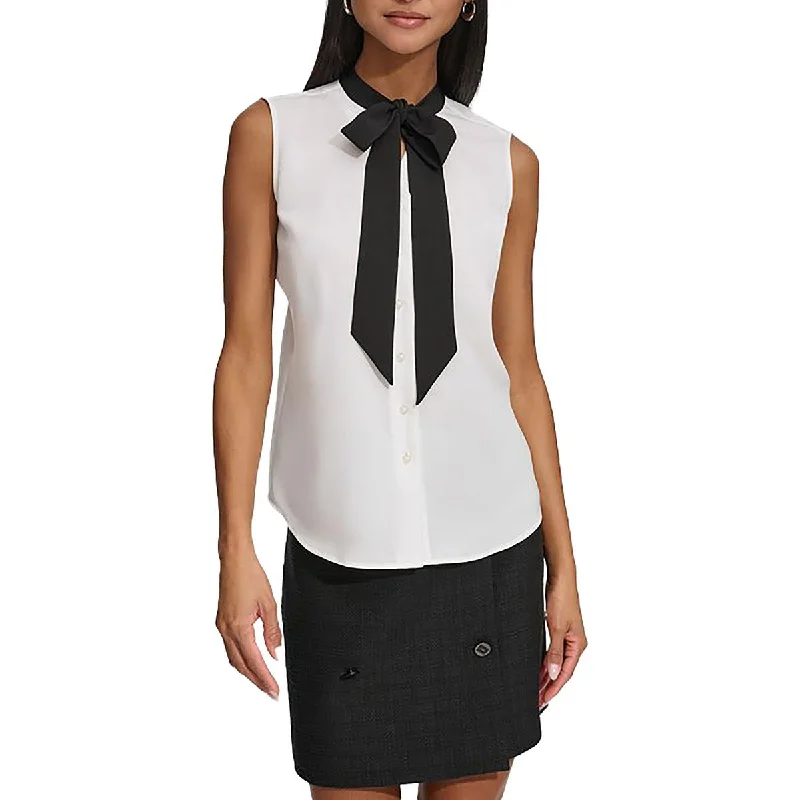 Womens Tie Neck Button Down Blouse Delicate Bow Blouse