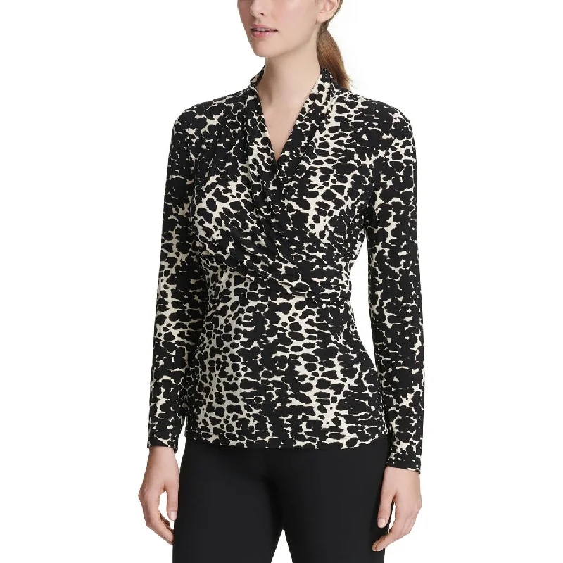 Petites Womens Surplice Animal Print Blouse Elegant Embroidery Blouse