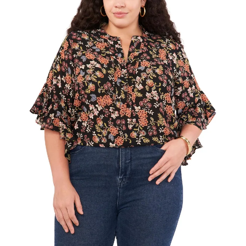 Plus Womens Pintuck Split Neck Blouse Embellished Collar Blouse