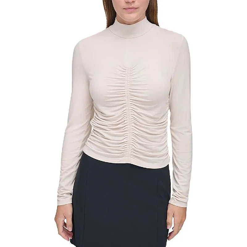 Womens Mock Neck Long Sleeve Blouse Semi-Sheer Blouse