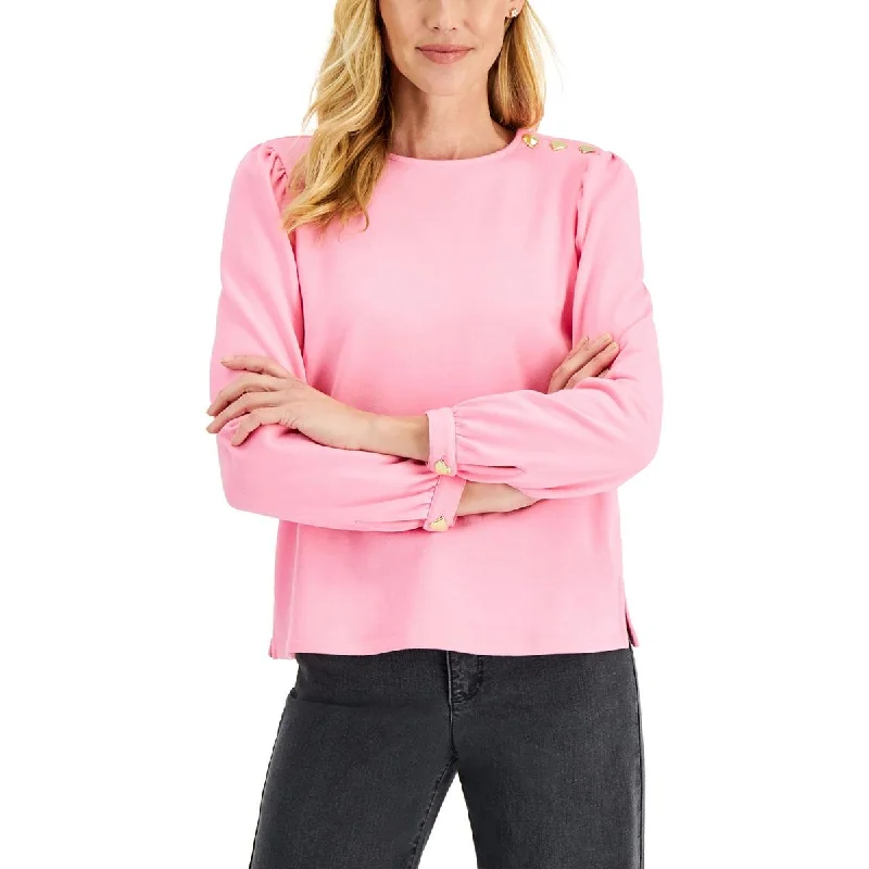 Petites Womens Embellished Heart Buttons Blouse Peter Pan Collar Blouse