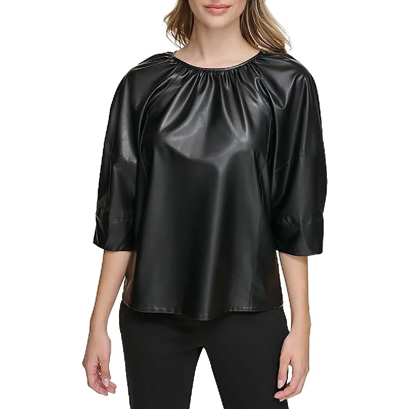 Womens Faux Leather Ruched Blouse Ruched Sleeve Blouse