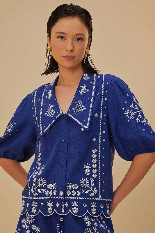 Blouse Embr 318366 Navy-Blue Modern Work Blouse