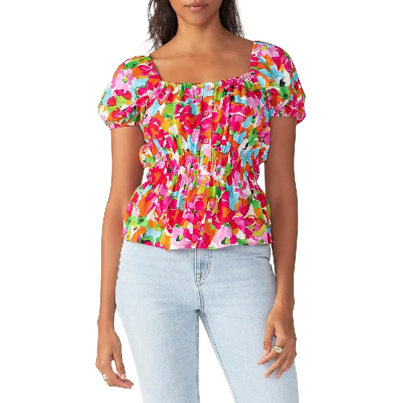 Womens Smocked Button Front Blouse Bell Sleeve Blouse