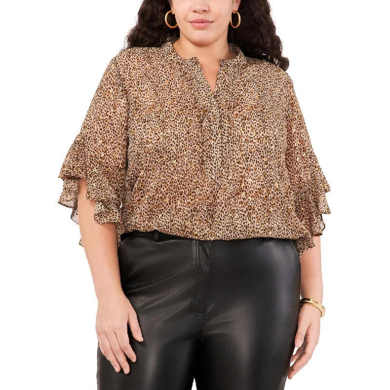 Plus Womens Animal Print Split Neck Blouse Bell Sleeve Blouse