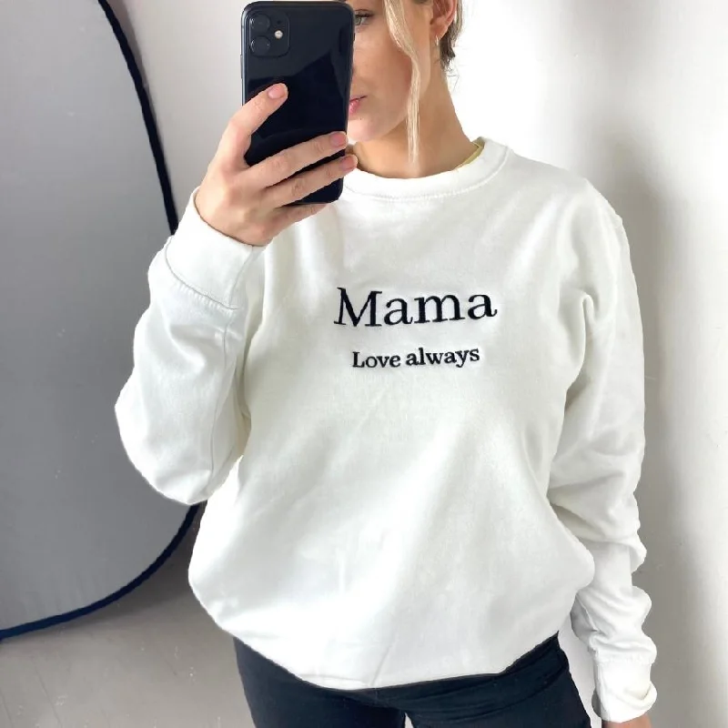 Luxe White 'Mama Love Always' Embroidered Sweatshirt Hoodie with Ribbed Cuffs Snug Fit Comfort Luxe White 'Mama Love Always' Embroidered Sweatshirt Hoodie with Ribbed Cuffs Snug Fit Comfort