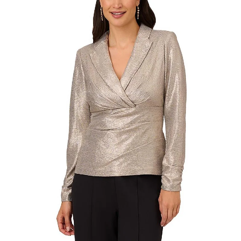 Womens Metallic Long Sleeves Blouse Delicate Pleat Blouse