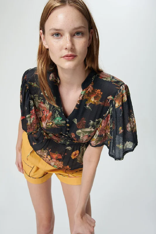 Blouse Hibiscus Hibiscus Top Magick-Mushroom-Blac Floral Print Blouse