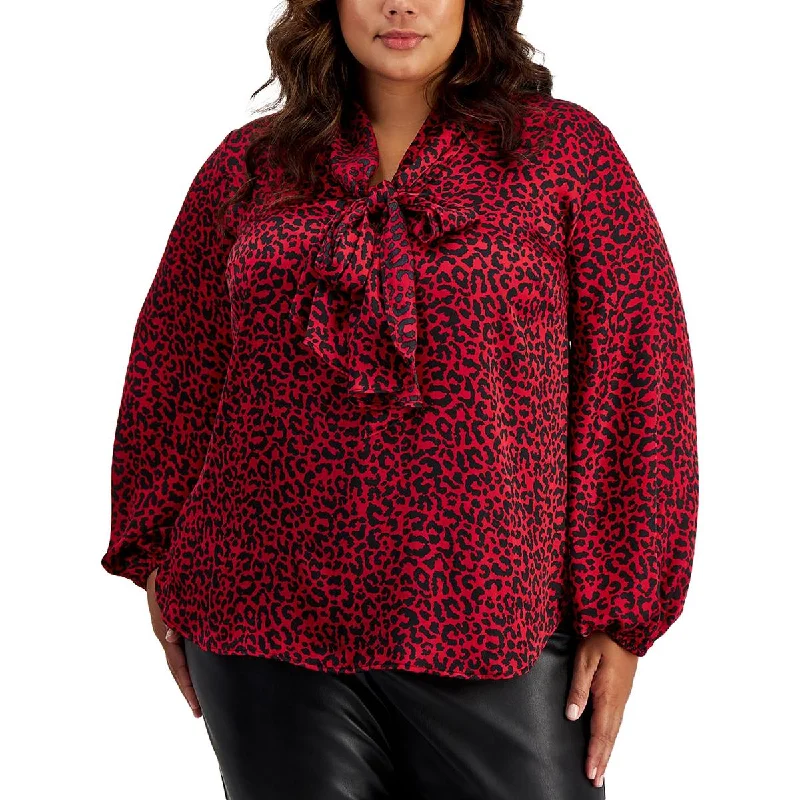 Plus Womens Tie Neck Animal Print Blouse Ruffled Neck Blouse